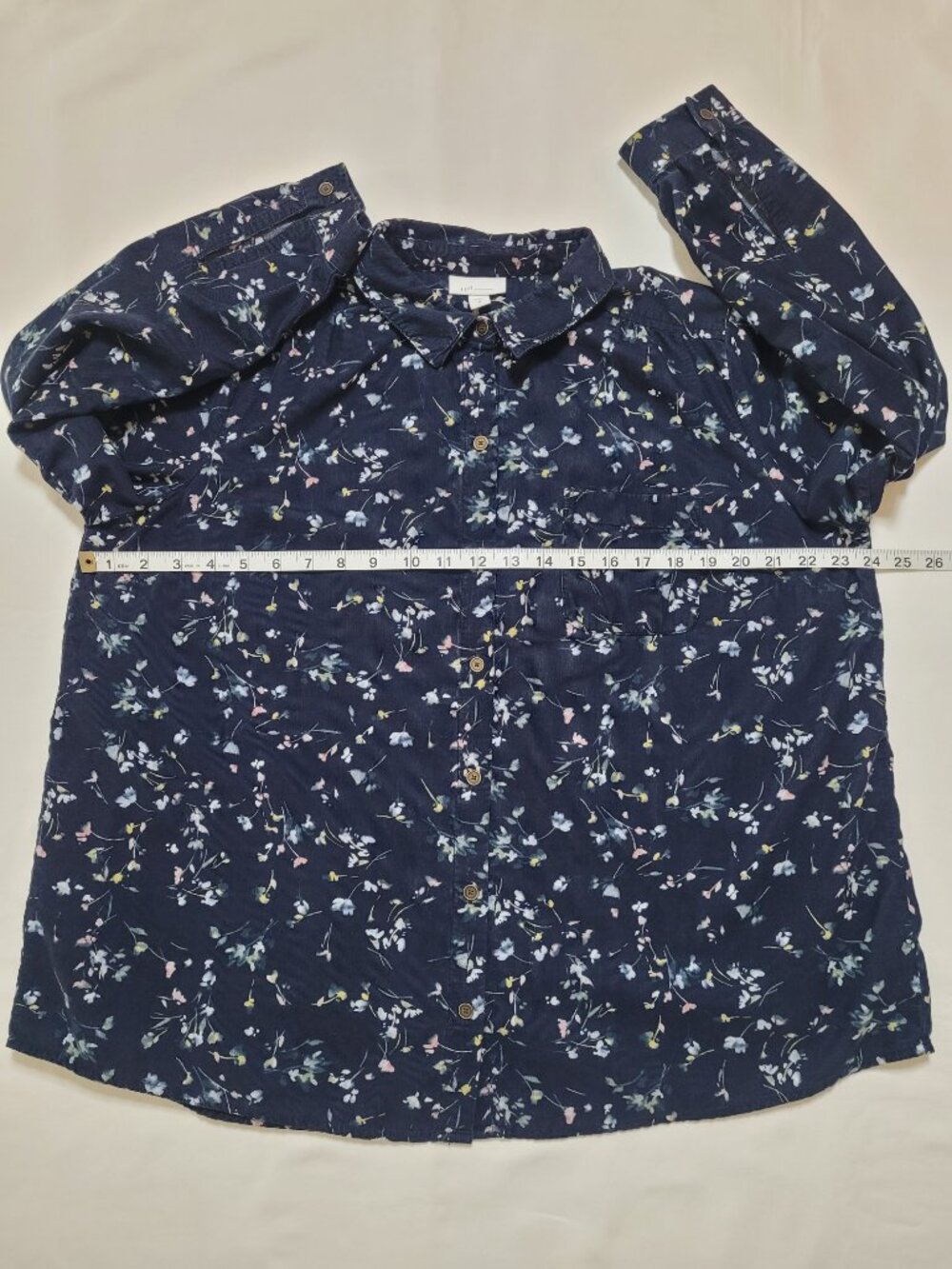 J. Jill Navy Blue Floral Corduroy Button Down Blouse Top Medium Coastal Grandma - Picture 6 of 10